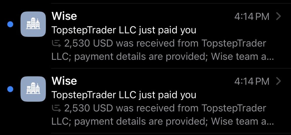 Two Wise notifications of $2,530 received from TopstepTrader